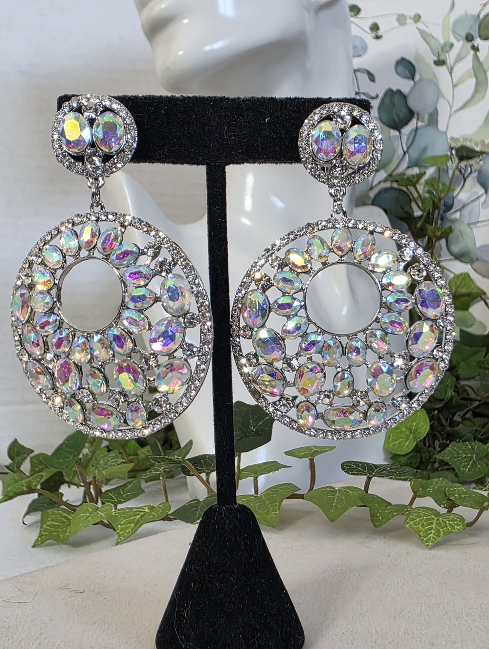 Silver AB Crystal Iridescent Rhinestone Double Circle Drop Clip On Earrings - Picture 3 of 11